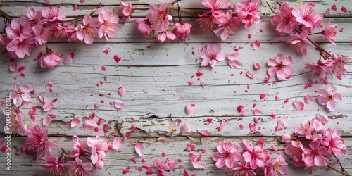 Spring Cherry Blossoms on Rustic Wooden Table photo