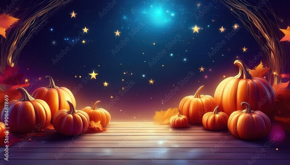 Magical Night Pumpkin Display with Stars and Autumn Leaves. Magical Night Pumpkin Display with Stars and Autumn Leaves.