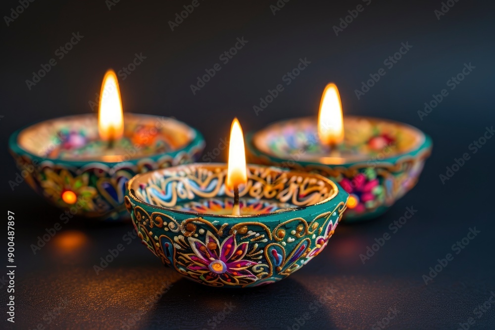 Group of decorated diyas on black background during Diwali, generative ai Group of decorated diyas on black background during Diwali, generative ai