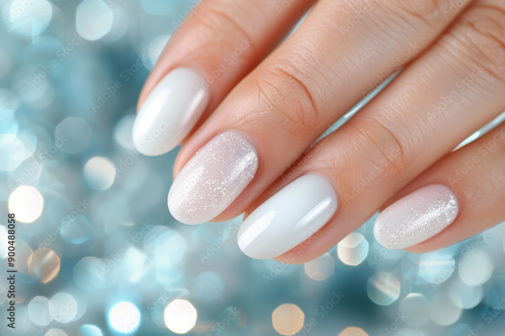 Elegant nude manicure with a pearl beaded accent nail, perfect for glamorous parties and sophisticated styling Elegant nude manicure with a pearl beaded accent nail, perfect for glamorous parties and sophisticated styling