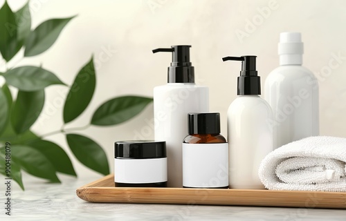 White Bottles and Cream Jar on Wooden Tray