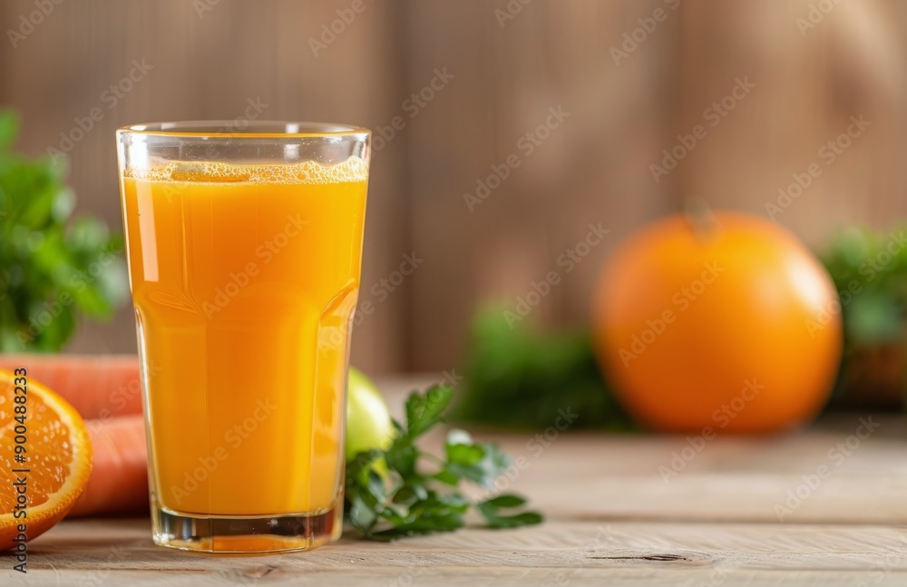 Glass of Orange and Carrot Juice With Mint Garnish Glass of Orange and Carrot Juice With Mint Garnish