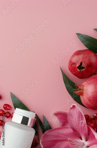 Pomegranate and Flower Beauty Product Still Life