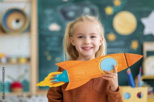 Smiling Girl Holding Rocket Toy in Classroom