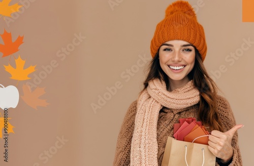 Woman In Knit Hat And Scarf Holding Shopping Bag