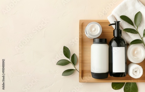 White Bottles and Cream Jar on Wooden Tray