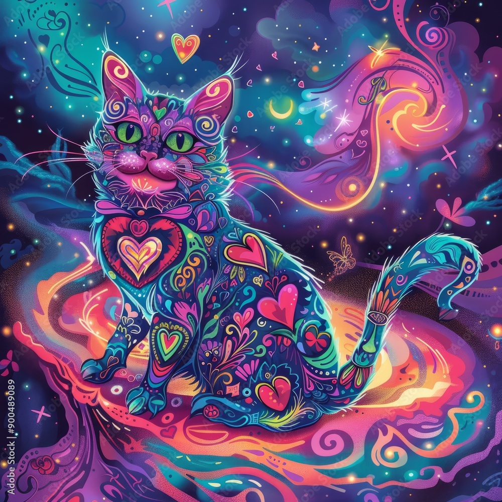 Psychedelic cat with heart patterns in a colorful galaxy. Psychedelic cat with heart patterns in a colorful galaxy.