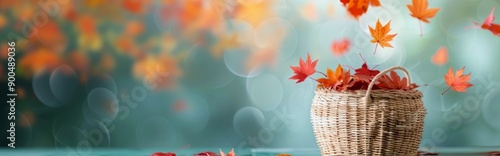 Woven Basket With Pumpkins and Autumn Leaves