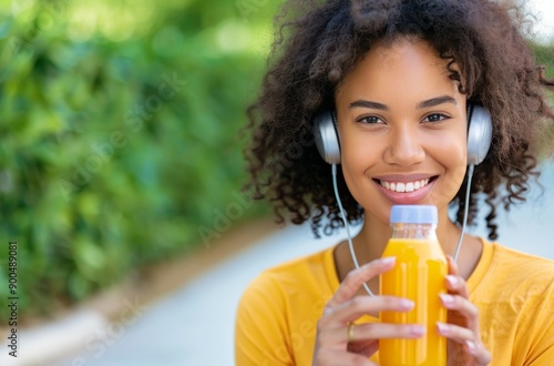 Woman Drinking Juice While Listening to Music