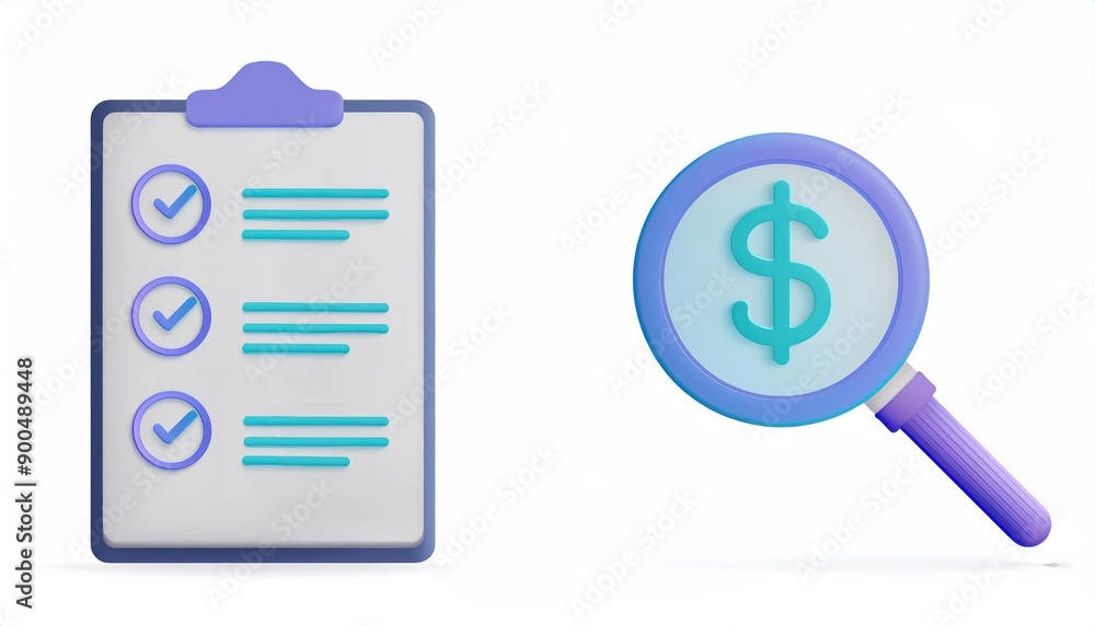 Checklist and Magnifying Glass with Dollar Sign Icons on White Background. Checklist and Magnifying Glass with Dollar Sign Icons on White Background.