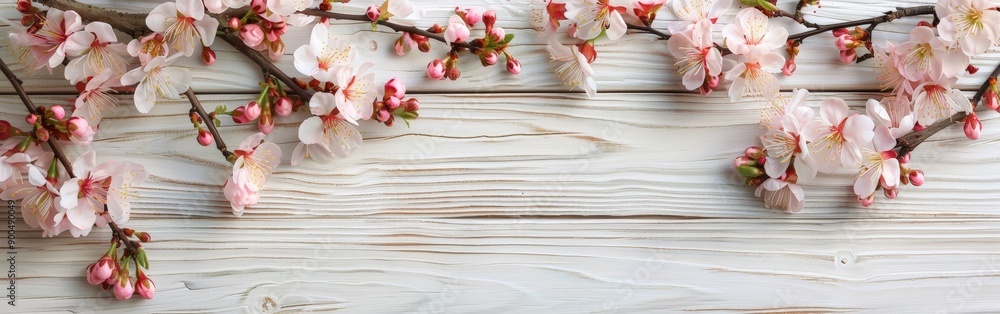 Spring Cherry Blossoms on Rustic Wooden Table Spring Cherry Blossoms on Rustic Wooden Table