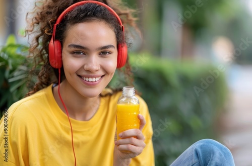 Smiling Woman With Headphones and Juice