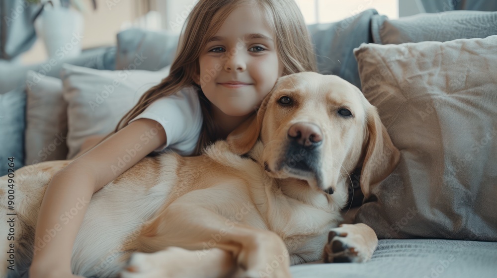 Girl and Dog Cuddle on Couch Girl and Dog Cuddle on Couch