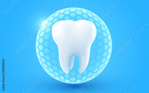 3d realistic vector healthy glowing tooth. Shield around white tooth. Dental care, protection and whitening.
