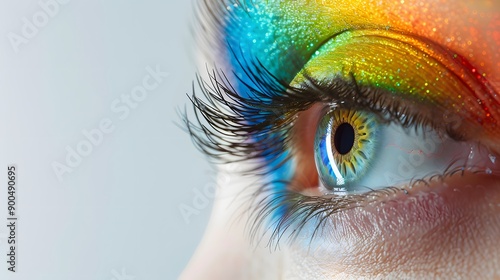 Close-up of a colorful rainbow woman eye isolated on panoramic white background with copy-space, colors vision, gay LGBTQ pride concept header and web banner. 