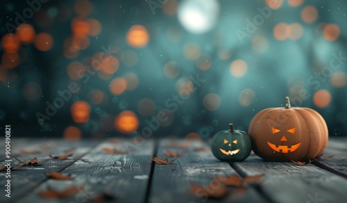 Carved Pumpkins on Wooden Table for Halloween