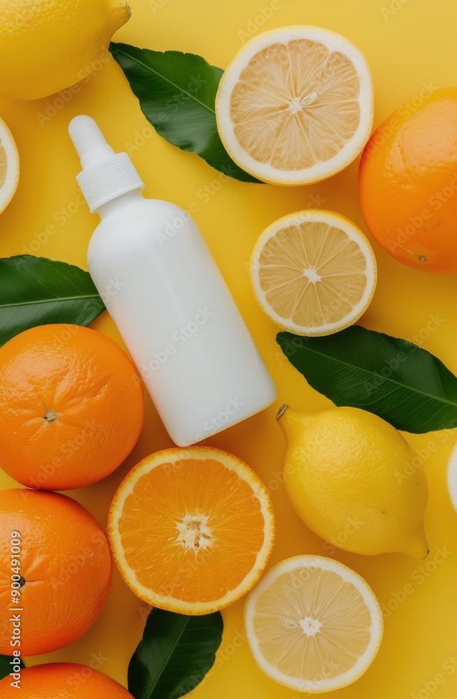 Citrus-Scented Spray Bottle on Yellow Background Citrus-Scented Spray Bottle on Yellow Background