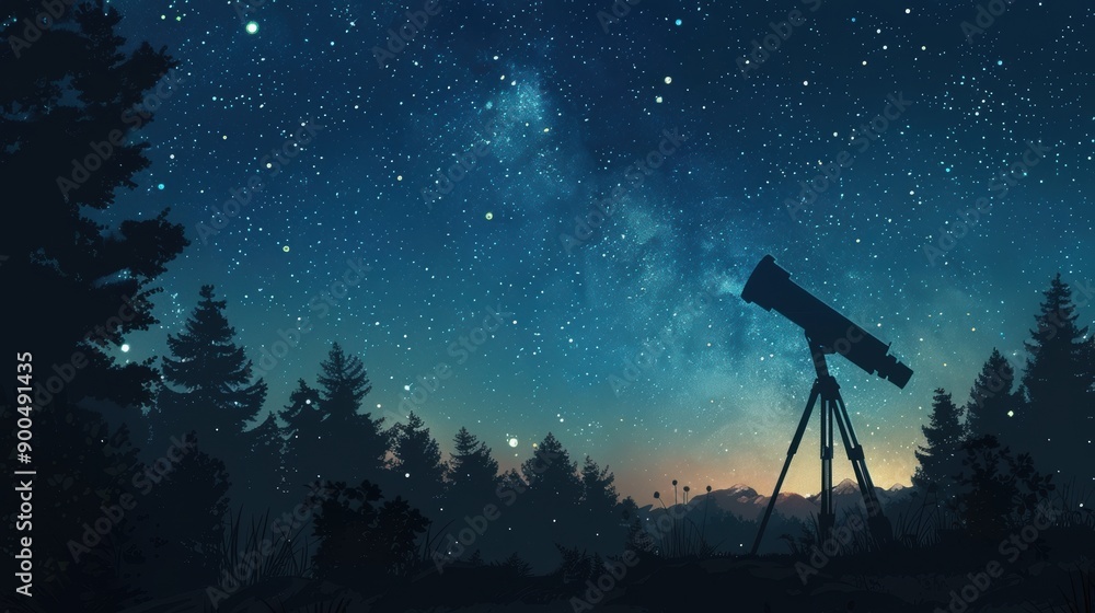 A serene night sky filled with stars, featuring a telescope set against the silhouette of trees in a tranquil landscape. A serene night sky filled with stars, featuring a telescope set against the silhouette of trees in a tranquil landscape.