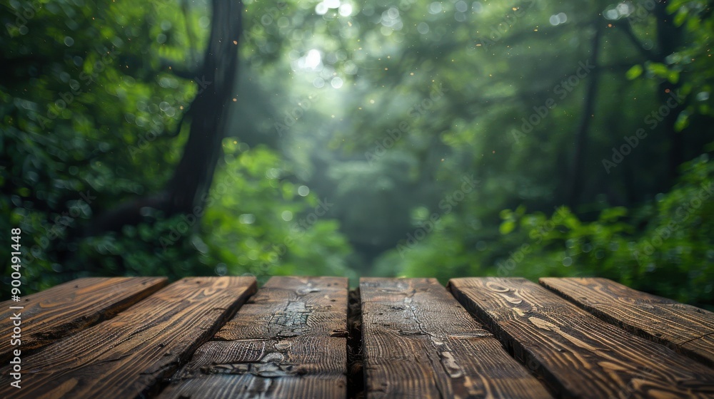 A serene wooden surface with a blurred green forest background creating a peaceful and nature-inspired atmosphere. A serene wooden surface with a blurred green forest background creating a peaceful and nature-inspired atmosphere.