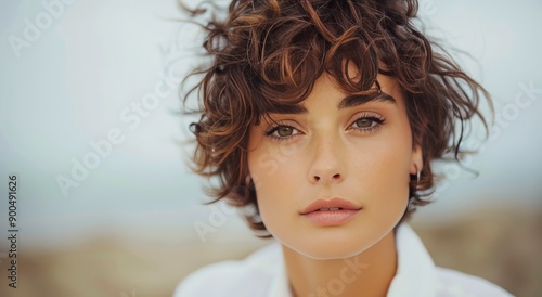Woman With Curly Hair Looking at Camera