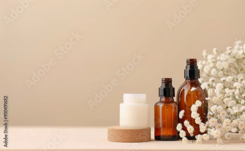 Chamomile Essential Oil Bottles on Wooden Coaster