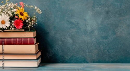 Flowers and Books on Teal Background