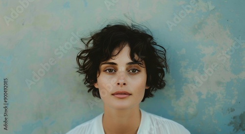 Woman With Curly Hair Posing Against Blue Wall