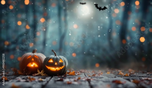 Lit Pumpkins In A Foggy Forest