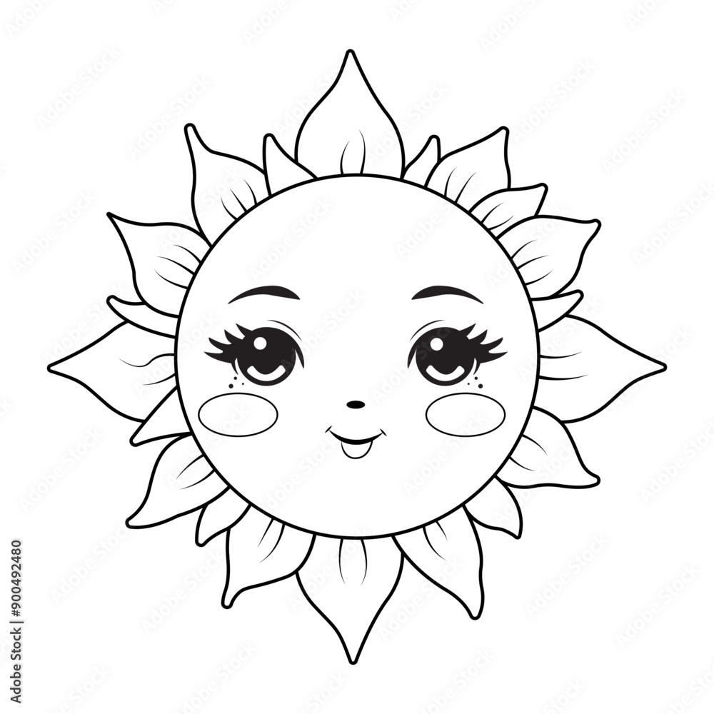 A Outline image of a smiling sun in a cartoon style. A Outline image of a smiling sun in a cartoon style.