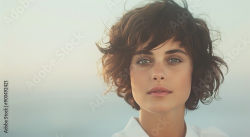 Woman With Curly Hair Posing Against Blue Wall