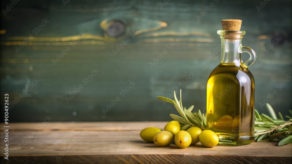 Fresh Olive Oil in a Glass Bottle with Olives and Sprigs Fresh Olive Oil in a Glass Bottle with Olives and Sprigs