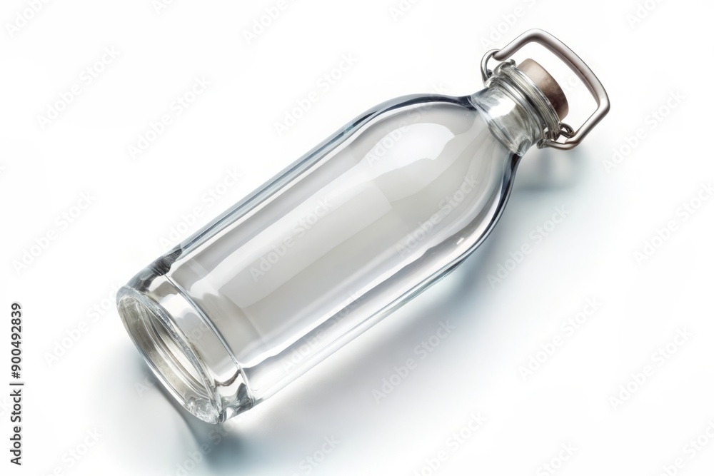 Empty Glass Bottle with Metal Handle and Wooden Stopper. Empty Glass Bottle with Metal Handle and Wooden Stopper.