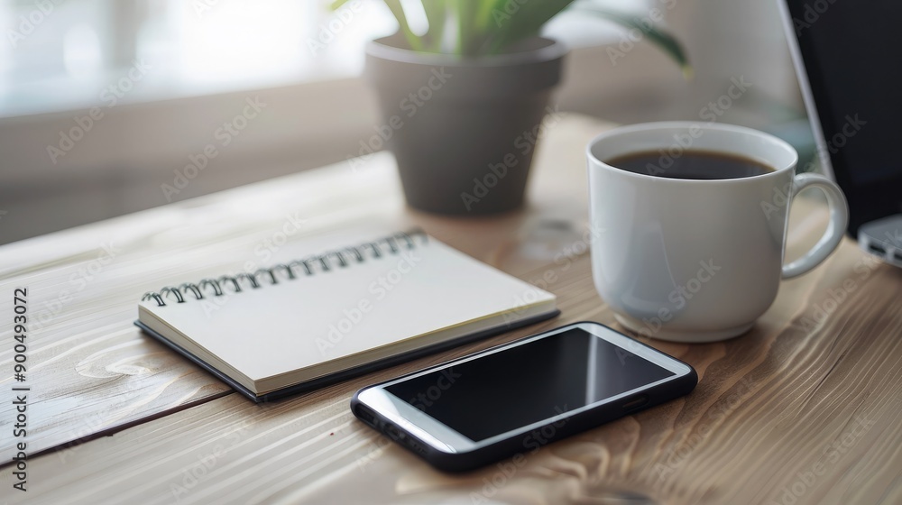 A clean desk with a smartphone, notebook, and coffee cup, providing ample room for text. A clean desk with a smartphone, notebook, and coffee cup, providing ample room for text.