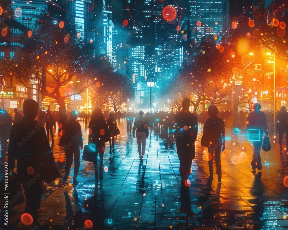 A photorealistic image of a bustling city street at night A photorealistic image of a bustling city street at night