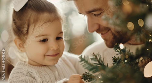 Father And Daughter Decorating Christmas Tree
