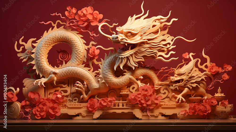 Obraz premium Golden Chinese dragon statue on a temple roof and wall, showcasing traditional Asian art and culture