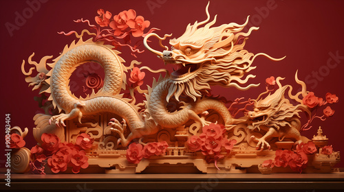 Wallpaper Mural Golden Chinese dragon statue on a temple roof and wall, showcasing traditional Asian art and culture Torontodigital.ca