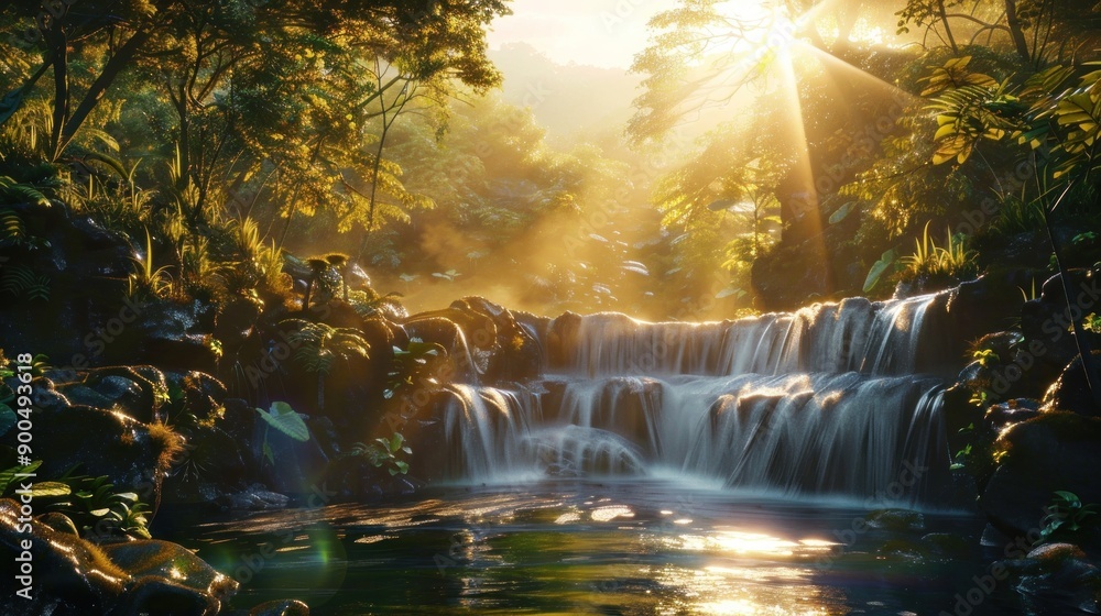 A beautiful waterfall surrounded by trees and rocks A beautiful waterfall surrounded by trees and rocks