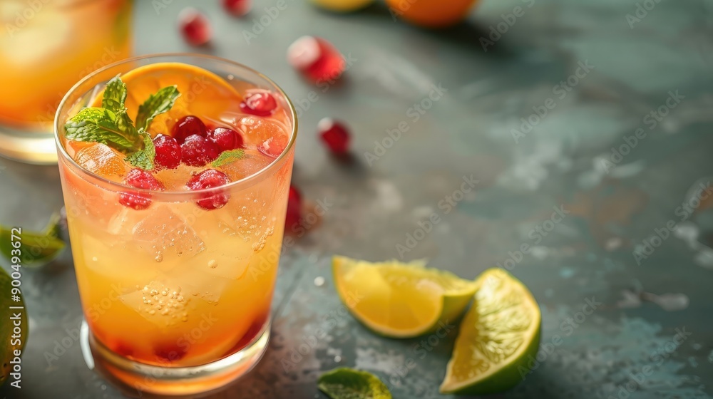 Fototapeta premium A colorful mocktail with fruit garnishes, leaving ample room for text.