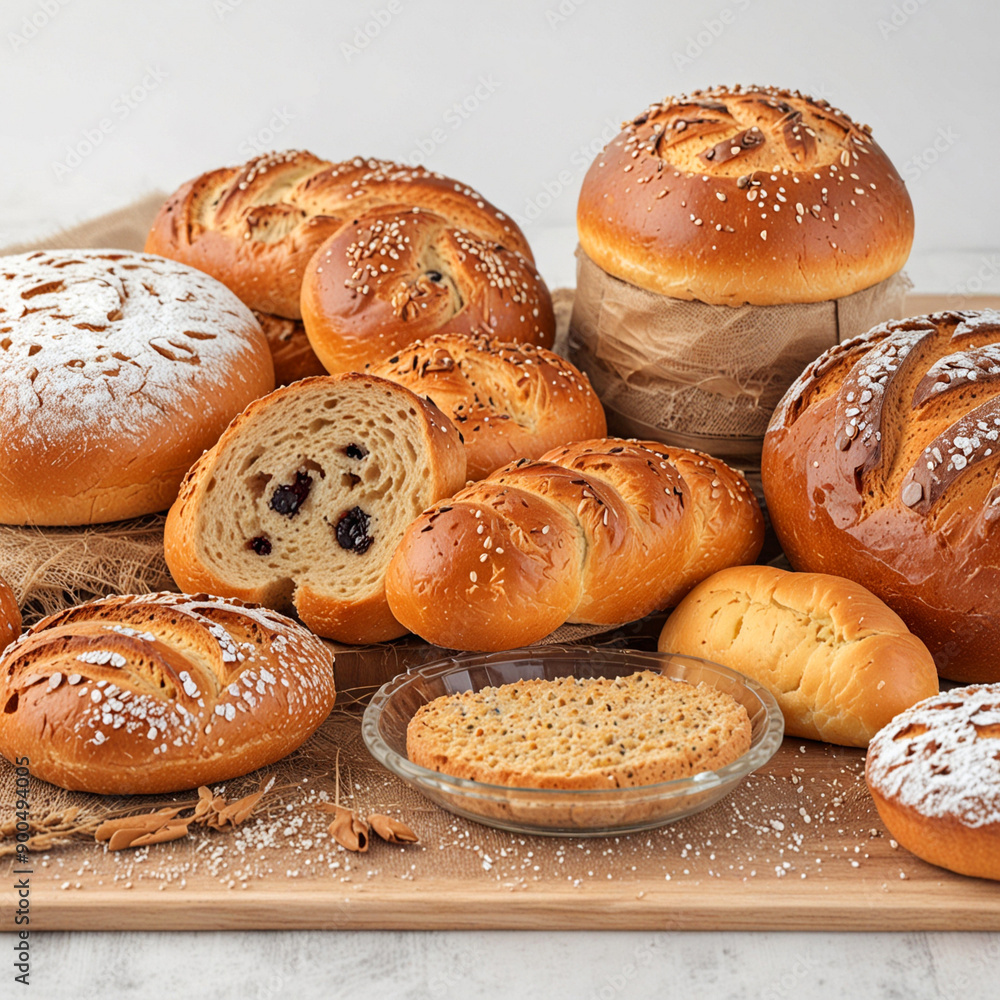 Modern bakery with bread, cakes and buns, isolated on natural background Modern bakery with bread, cakes and buns, isolated on natural background