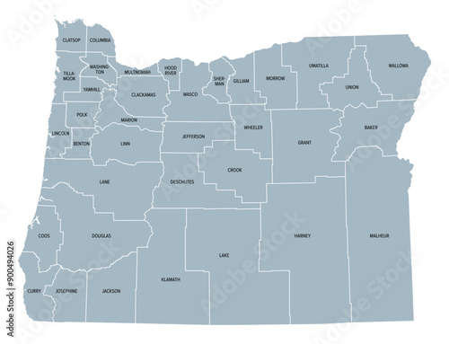 Oregon counties, gray political map with borders and county names. State in the Pacific Northwest region of the United States, subdivided into 36 counties. Nicknamed The Beaver State. Illustration.