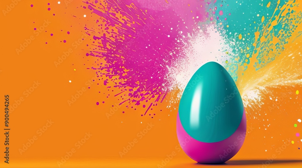 Easter egg on background with paint splashes on the right, and on the left there is a place for your text. Easter egg on background with paint splashes on the right, and on the left there is a place for your text.