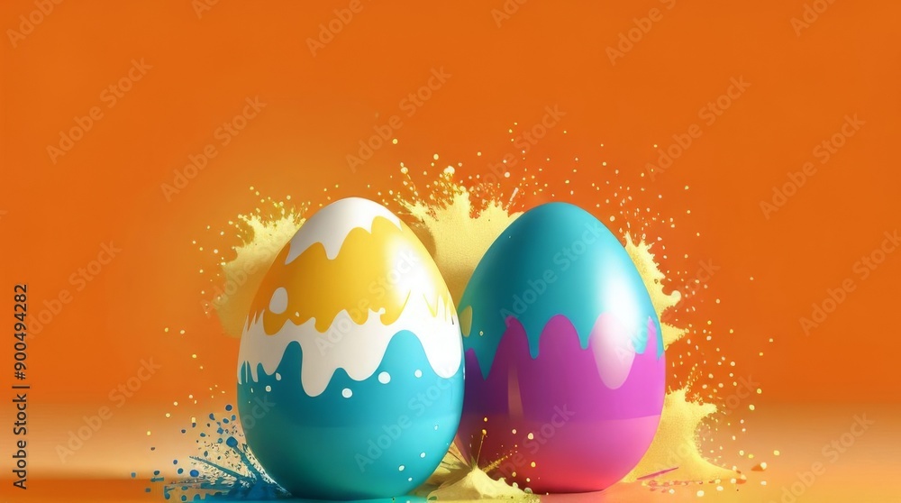Two easter eggs on orange background in paint splashes.
Two easter eggs on orange background in paint splashes.