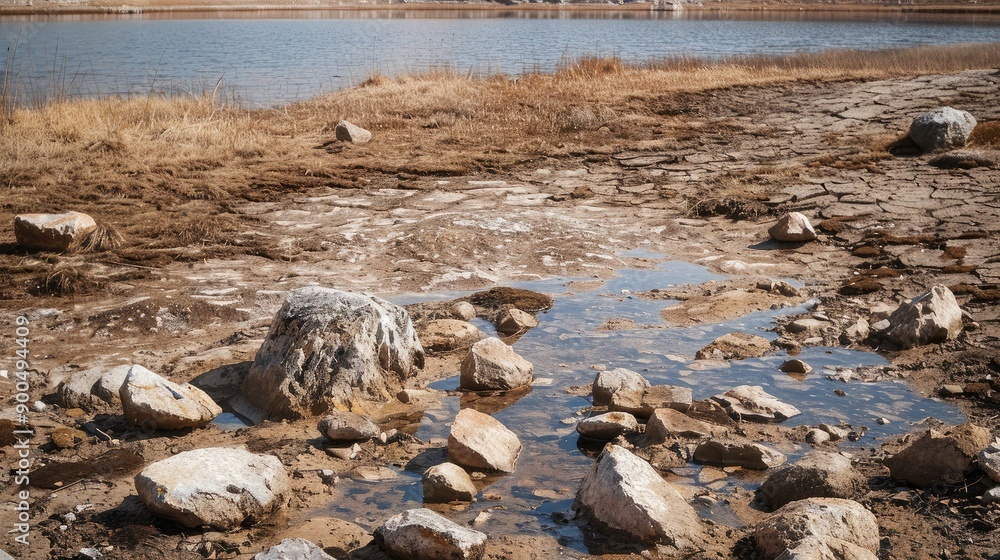 A dried-up lake bed with scattered rocks, providing ample space for copy. A dried-up lake bed with scattered rocks, providing ample space for copy.