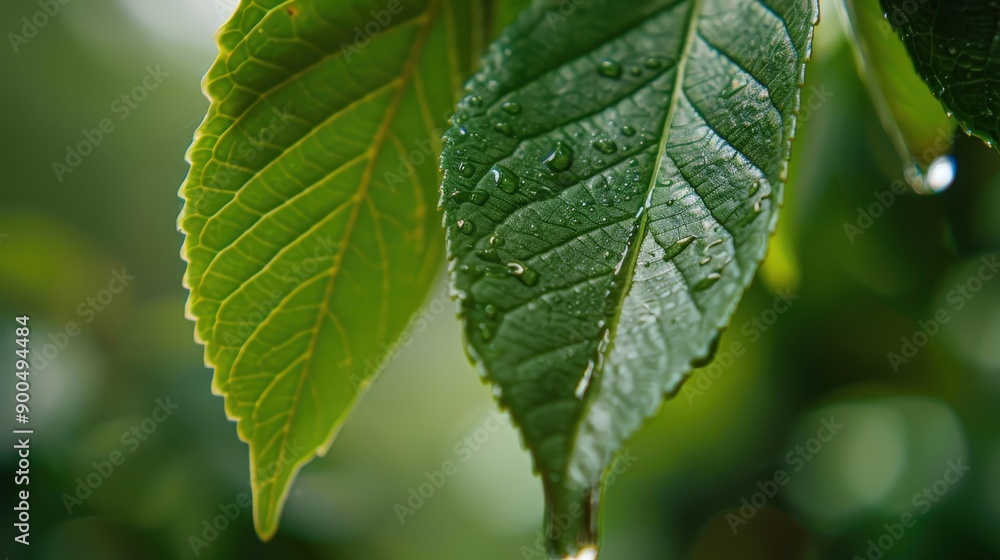 A delicate raindrop clings to the edge of a leaf, capturing the essence of freshness amid the lush greenery of a serene forest A delicate raindrop clings to the edge of a leaf, capturing the essence of freshness amid the lush greenery of a serene forest