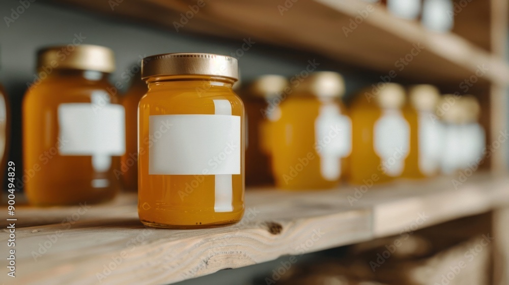 A collection of jars filled with golden honey, beautifully displayed on a wooden shelf, highlighting natural sweetness. A collection of jars filled with golden honey, beautifully displayed on a wooden shelf, highlighting natural sweetness.