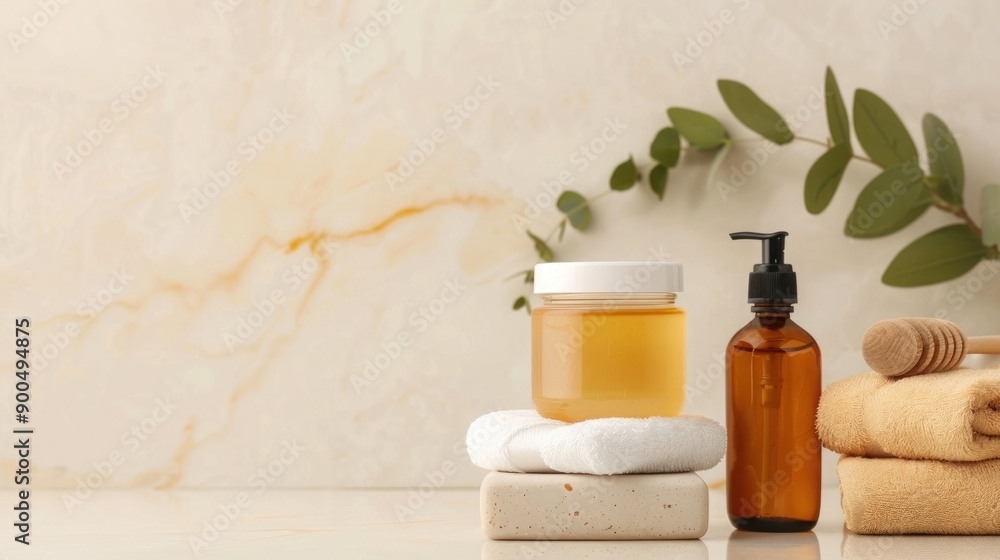 A serene arrangement of natural skincare products on a marble background, featuring honey and soft towels for wellness. A serene arrangement of natural skincare products on a marble background, featuring honey and soft towels for wellness.