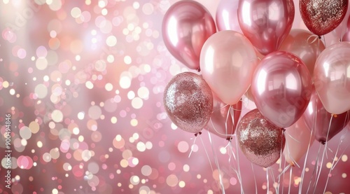 Pink and Rose Gold Balloons on Pink Background