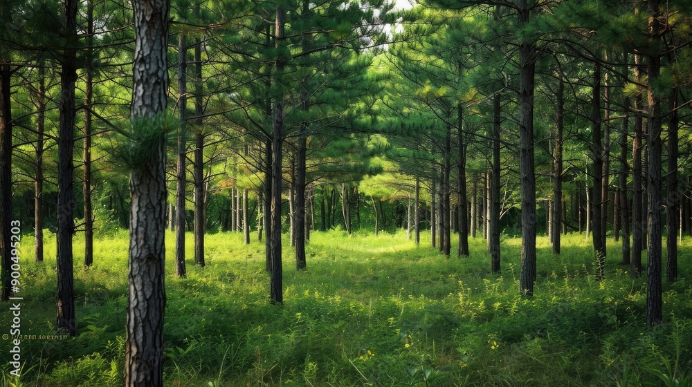Obraz premium A forest of tall pine trees creates a dense and green background with plenty of open space for copy.