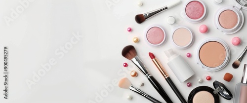 Makeup Brushes and Products on White Background